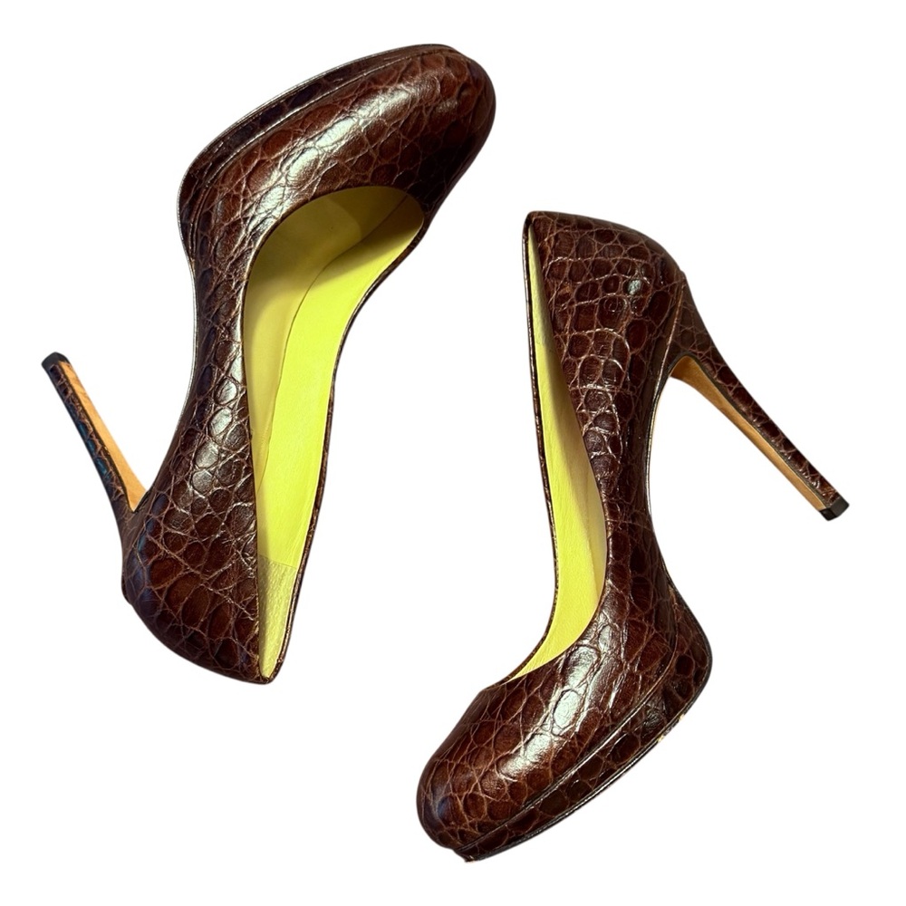 Ann Taylor Brown Leather Croc-Embossed Platform 4.5” Heel Pumps Size 8